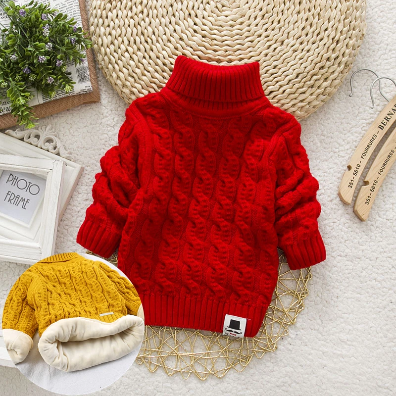 PHILOLOGY Plush inside pure color winter boy girl kid thick Knitted turtleneck shirts solid high collar pullover fluff sweater images - 6