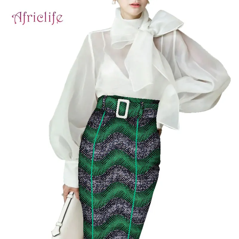

Half Skirt Below Knee Hot Selling African Ankara Slim Clothing Dashiki African Dresses with Belt for Sexy Lady WY4635