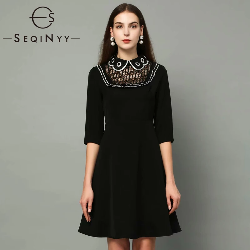 SEQINYY/платье черного цвета; Новинка года; сезон весна-осень; модное дизайнерское мини-платье с короткими рукавами и вышивкой в клетку