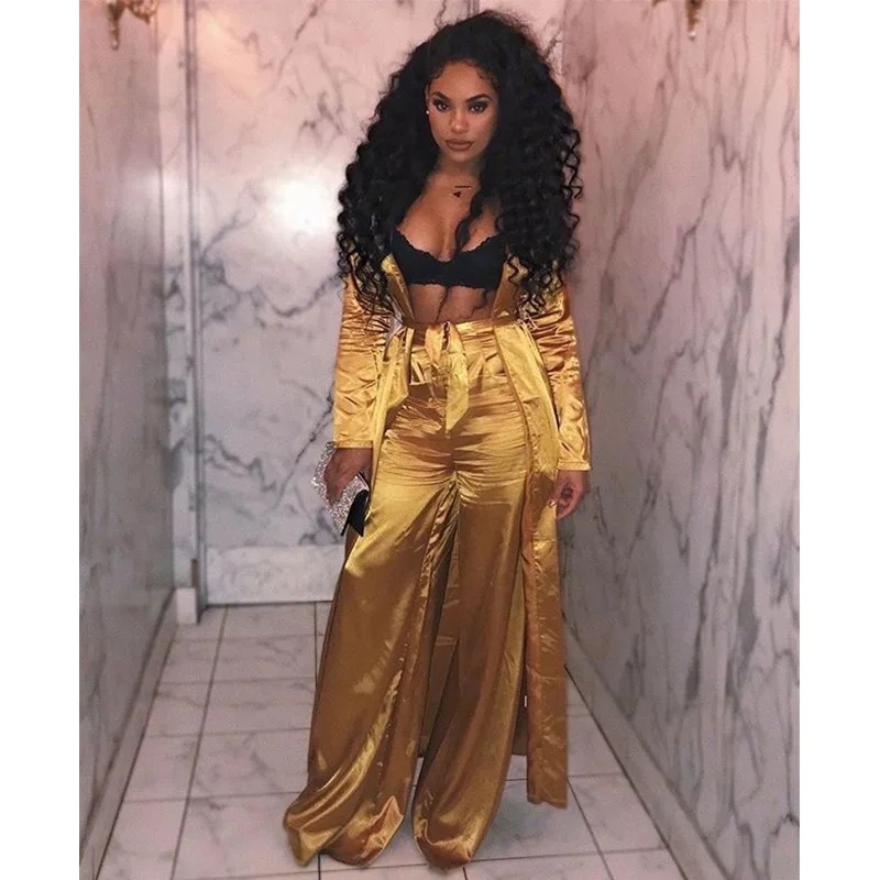 Костюм-кимоно Женский атласный длинный с широкими штанинами золотистый |