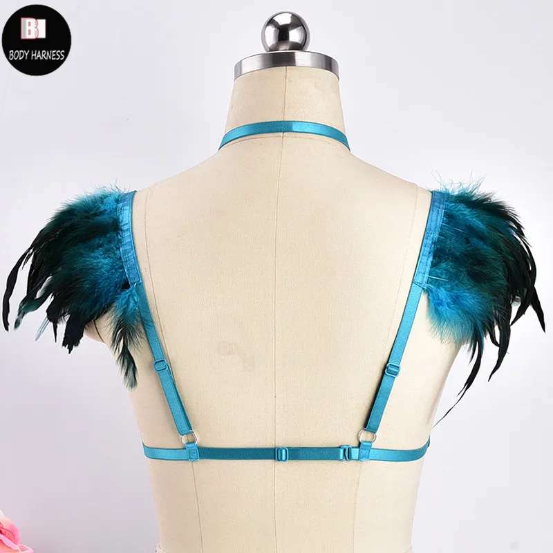 Женский бюстгальтер в стиле панк с портупеей открытой грудью перьевые эполеты |