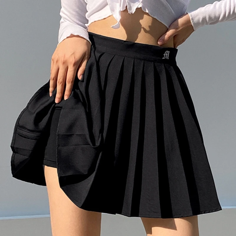

Woman Harajuku Preppy Style High Waist Sweet Pleated Sexy Skirt Mini A-Line Skirts Summer Letter Embroidery Short Skirt Female
