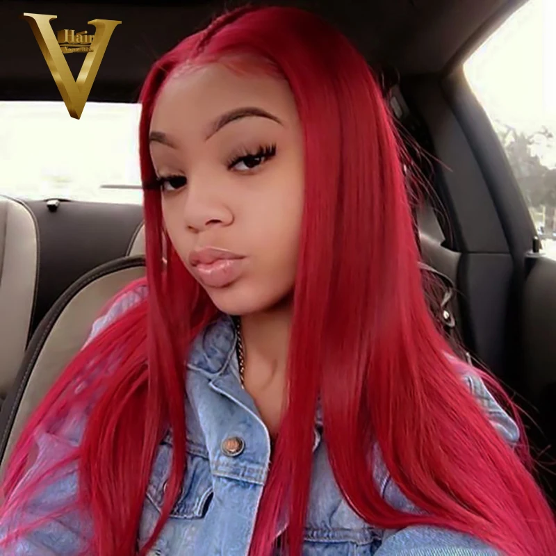 Красный парик человеческие волосы Remy бразильский прямой на сетке спереди