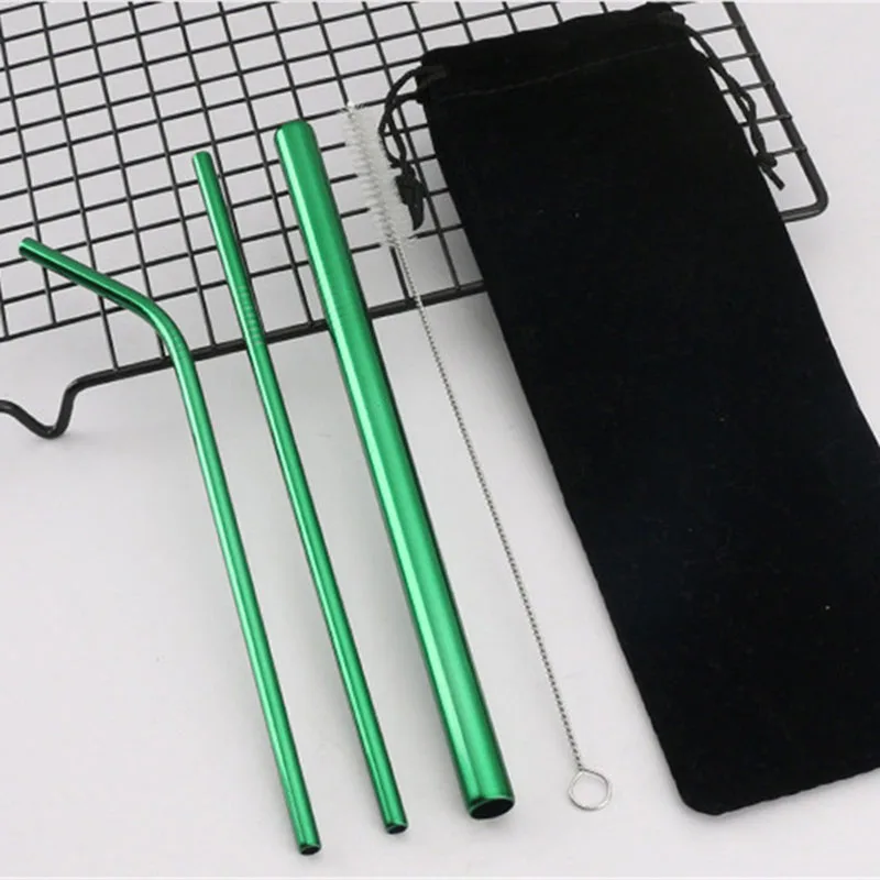 Green 5 шт многоразовые соломинки из нержавеющей стали, экологически чистая металлическая соломинка, изогнутая прямая соломинка для напитков, чистящая щетка, аксессуары для бара - Цвет: Green