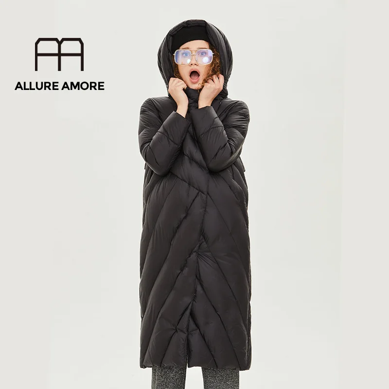 Allure Amore, женская зимняя куртка, ветронепроницаемое пальто с воротником-стойкой и капюшоном, Женская парка из биопуха, защитит от холода - Цвет: Classic black