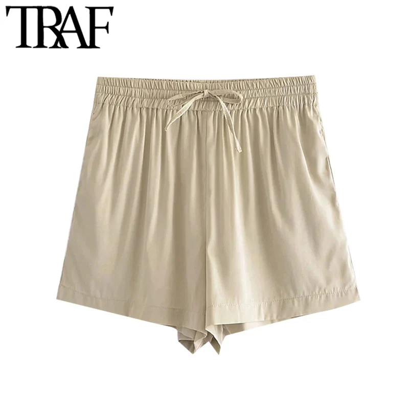 

TRAF Women Fashion Side Pockets Soft Touch Shorts Vintage High Elastic Waist Drawstring Female Shorts Mujer