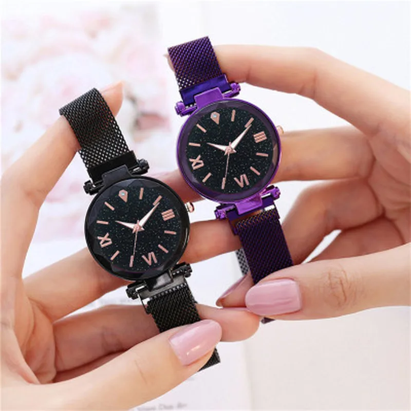 

Women Luxury Quartz Watches Magnetic Starry Sky Wrist Watch Stainless Steel Strap Ladies Crystal Wristwatch Roma Numerals Clock