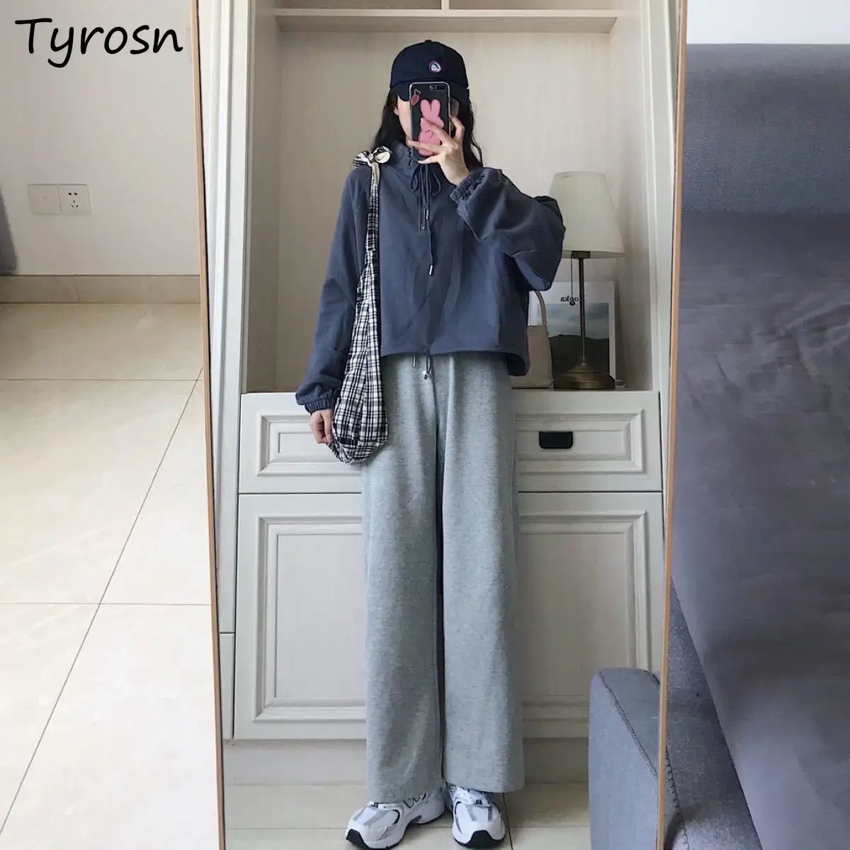 

Women Sets Solid Hoodies Long Trousers Set Spring Autumn Casual Loose Fashion Cozy Simple Students Lace Up Turn Down Collar New