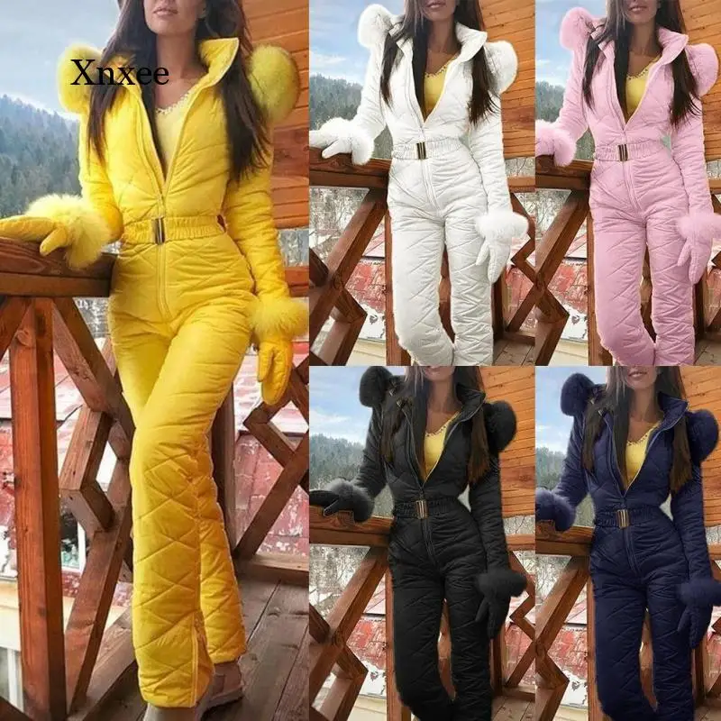 

Winter Women's Solid Color Jumpsuit Outdoor Zipper Faux Fur Collar Hooded Warm Fleece Ski Jumpsuit