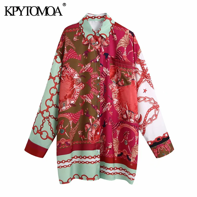 

KPYTOMOA Женская мода с карманами пэчворк Принт большие блузки винтажные с длинным рукавом на пуговицах женские рубашки шикарные топы