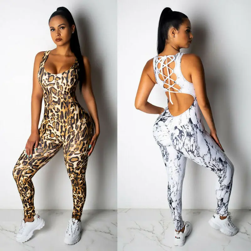 Женский спортивный комбинезон с леопардовым принтом без рукавов|Женские