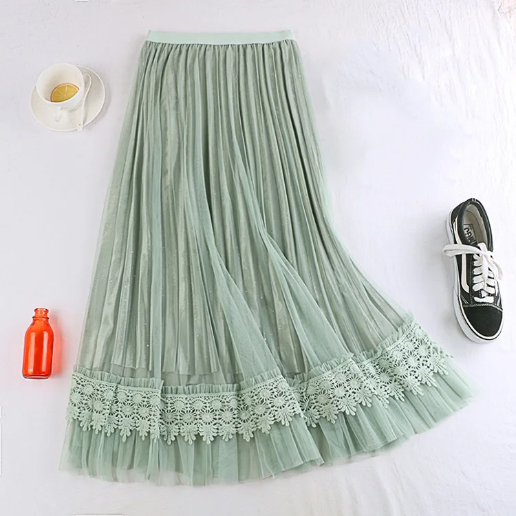 

New 2020 Spring Autumn Lace Skirt Women High Waist Slim A-line Patchwork Embroidery Velvet Midi Skirts