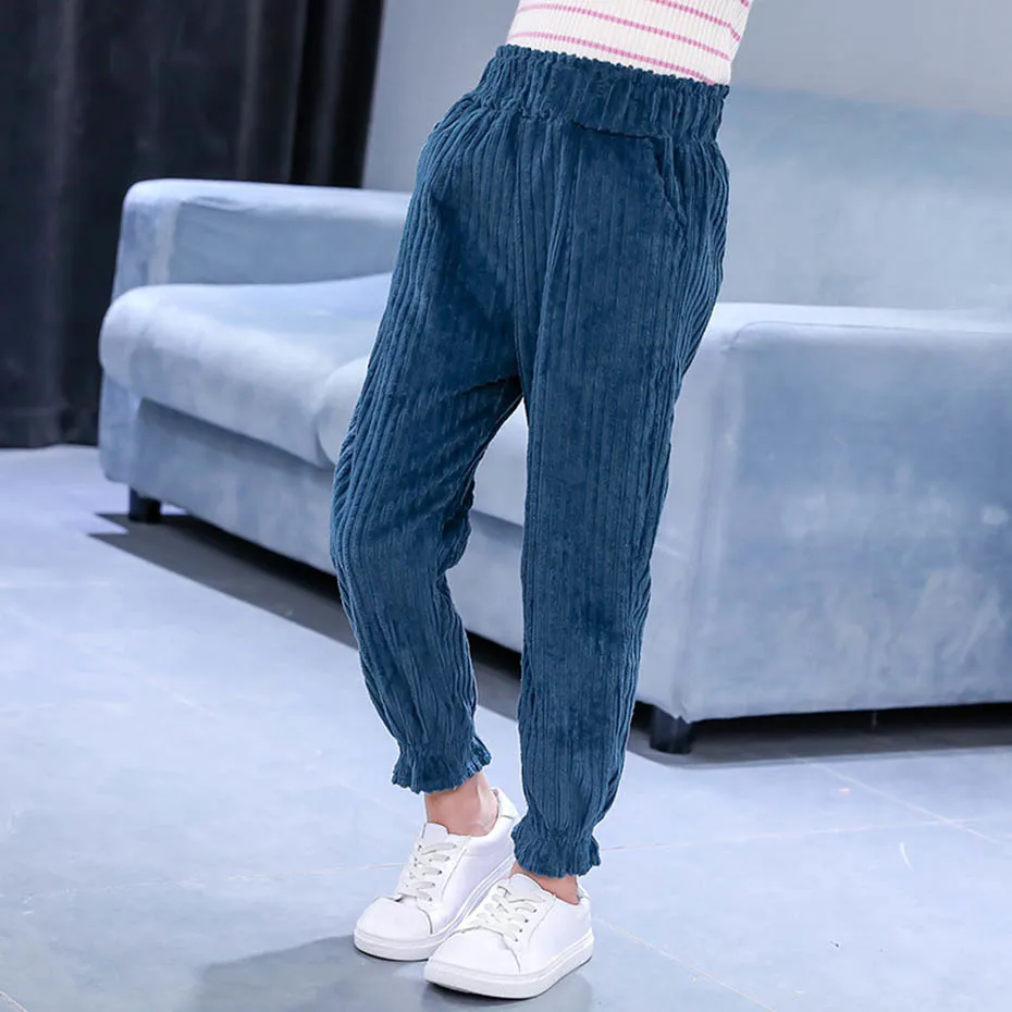 Брюки для девочек модные полосатые бархатные штаны брюки с эластичным поясом