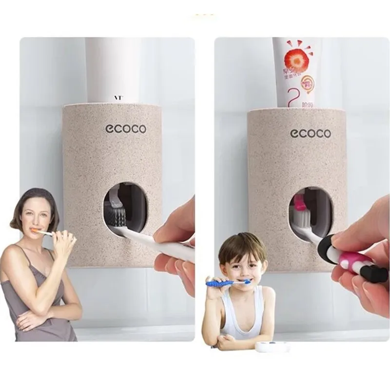 automatic toothpaste dispenser dust proof toothbrush holder wheat straw wall mounted home squeezer bathroom accessories free global shipping