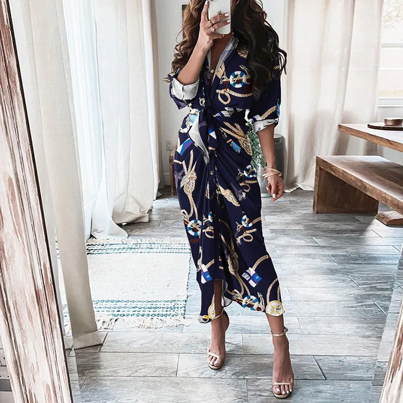 

MKD LUFI All Over Print Long Sleeve Button Front Self Tie Shirt Dress Women Casual Maxi Dress