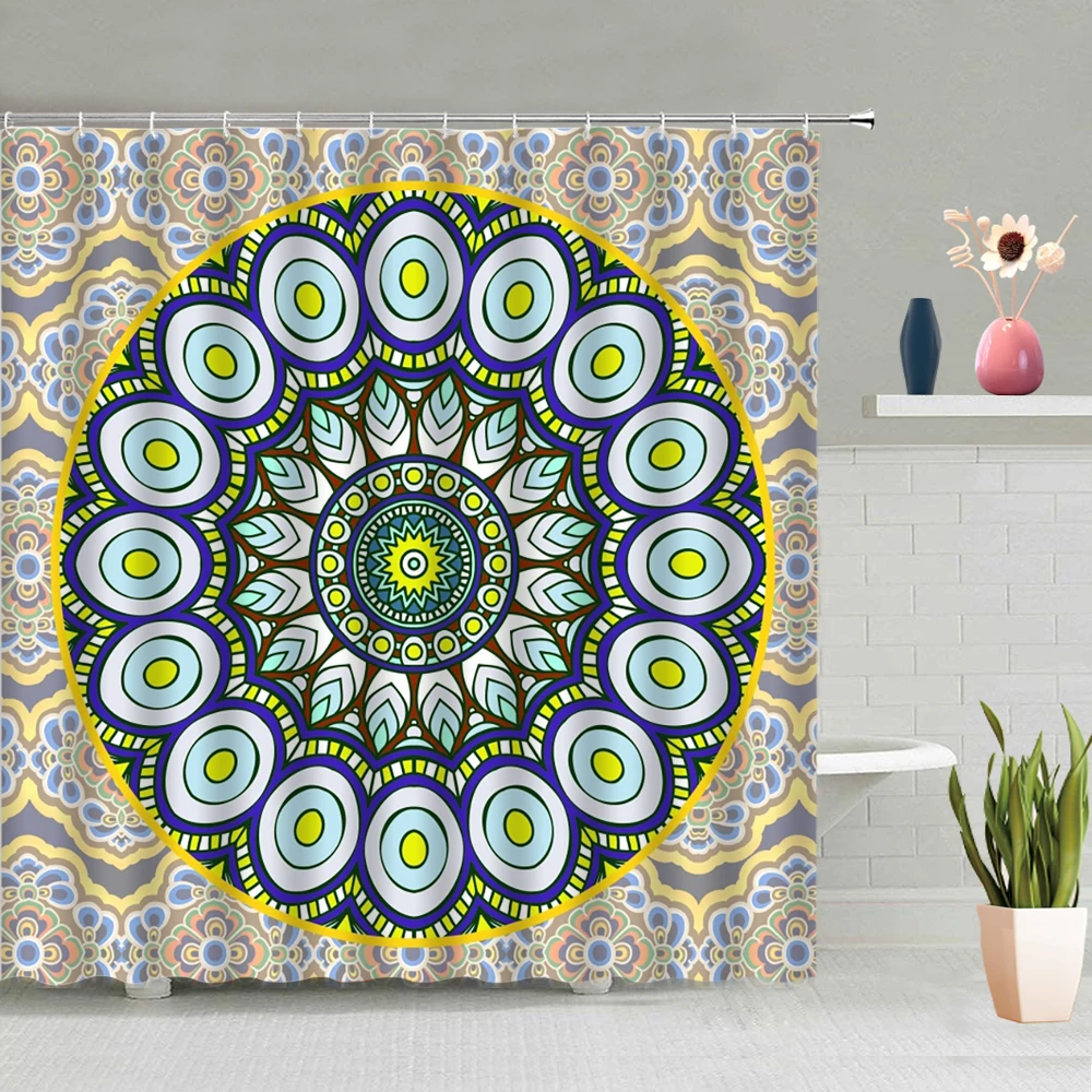 

Geometric Flower Plant Shower Curtain Bohemian Mandala Colourful Stripe Retro Nation Style Bathroom Waterproof Hanging Decor Set