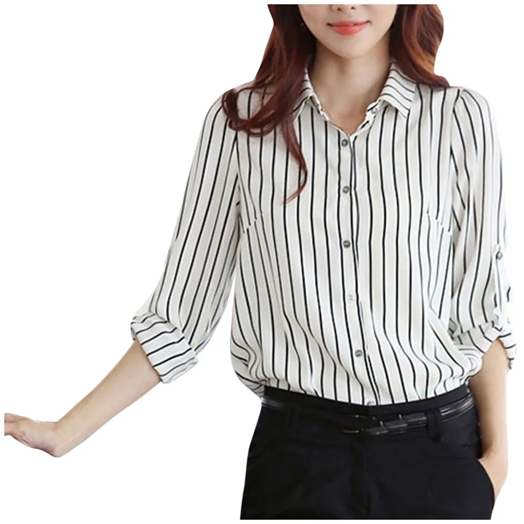 

Long Shirts Office Lady Tops Business hirt Blouse Women Sleeve Lapel Stripe Women's Blouse