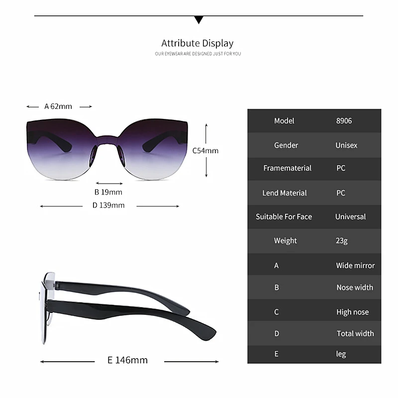 Candy Colorful One-piece Rimless Sunglasses Brand Designer Retro Cat Eye Gradient Lens Sun Glasses Vintage Driving Goggles UV400 |