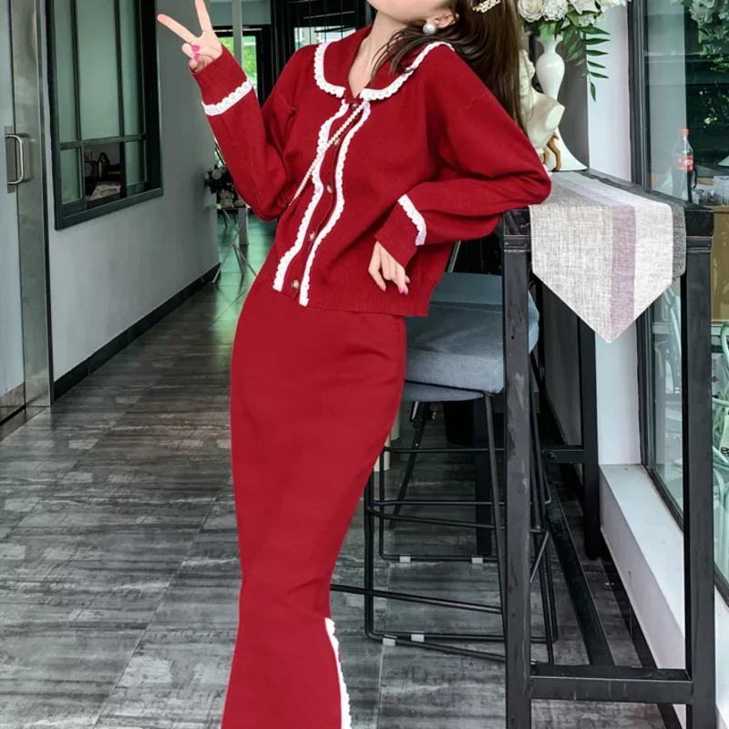 

2021 Knitted 2 Piece Sets Womens Outfits Autumn Winter New French Sweet Lace Patchwork Sweater Cardigan + Sexy Split Midi Skirt