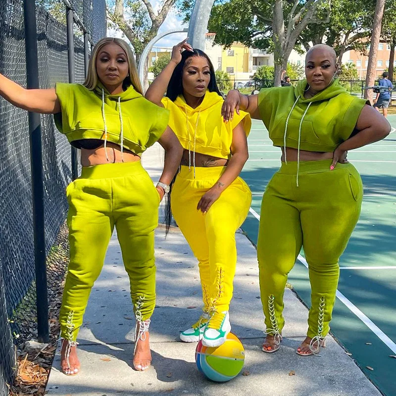 

Спортивный костюм женский однотонный из двух предметов, повседневный укороченный топ без рукавов с капюшоном и брюки на шнуровке, Y2k