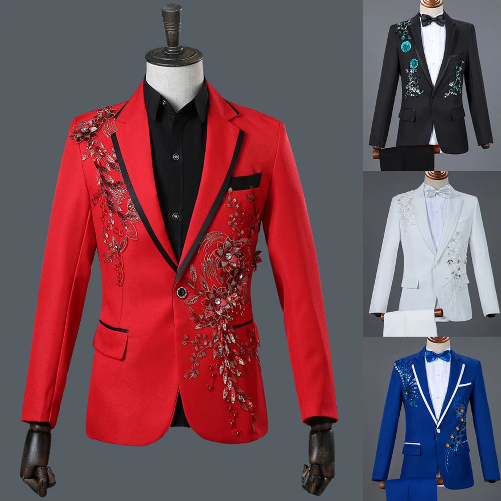 

Latest Coat Pant Designs Red Embossed Men Suit Costume Stage Slim Fit 2 Pieces Tuxedo Prom Suits Performance Blazer with Pants