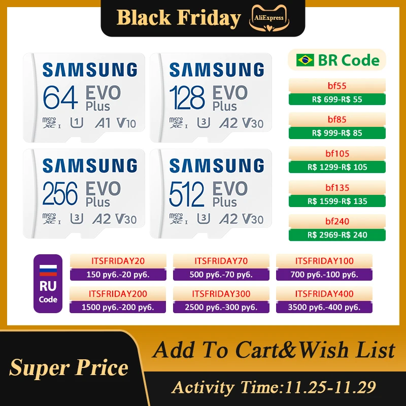 

Samsung Memory Card EVO Plus 128GB 256GB U3 V30 A2 Transfer Speed 130MB/s Class 10 Micro SD Card 64GB U1 V10 UHS-I TF Card