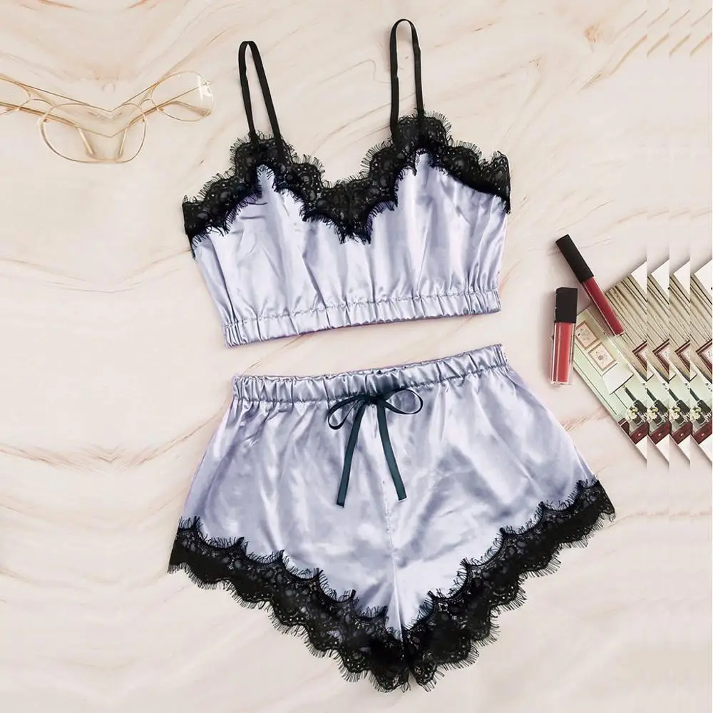 New Women V-Neck Silk Lace Sexy Stain Trim Camisole Pajamas Sleepwear Shorts Set home suit honeymoon nightdress kigurumi B4 | Женская