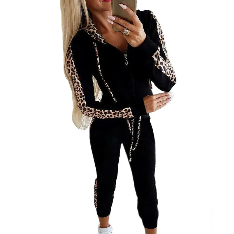

New Fashion Women 2Pcs Winter Autumn Hoodies Sports Tops Pants Tracksuit Leopard Sweatshirt Sweat Suit Jogging