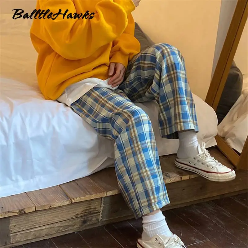 

Harajuku Plaid Pants Women Oversize Wide Leg Trousers Female Korean Style High Waist Checkered Pajama 2021 Spring Summer