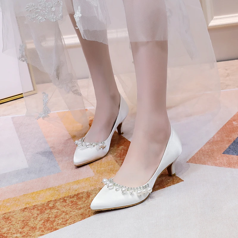 

Women Wedding Shoes High Heels Pearl Silk Pointed Toe Party Shoes Luxury Pumps Female Medium Heel Winter 2020 Fashion New