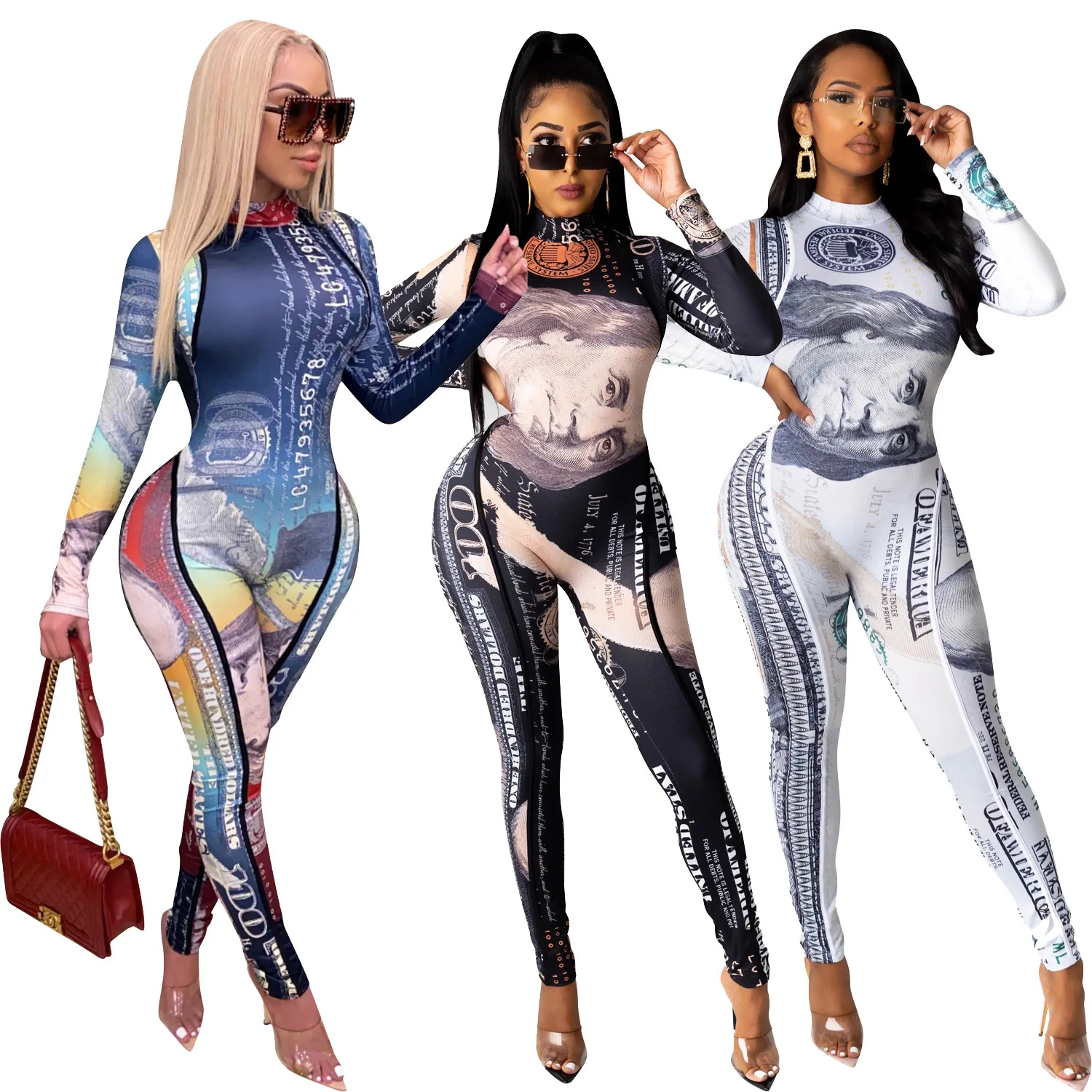 

LOng Sleeve Dollar Print Sexy Skinny Jumpsuit Zipper Bodycon Rompers One Piece Party Club Outfits Spring Streetwear 2021 New