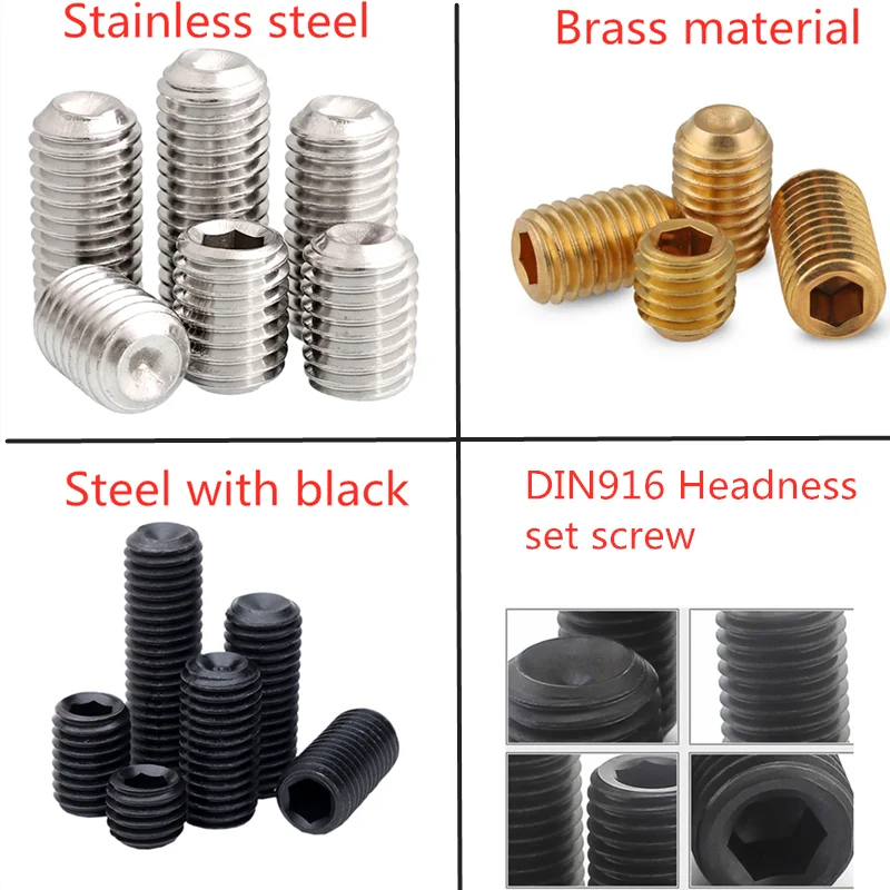 

10-50pc M2 M2.5 M3 M3.5 M4 M5 M6 DIN916 Brass 304 stainless Black grade 12.9 steel Hexagon Socket Point Grub Screw Set Bolt
