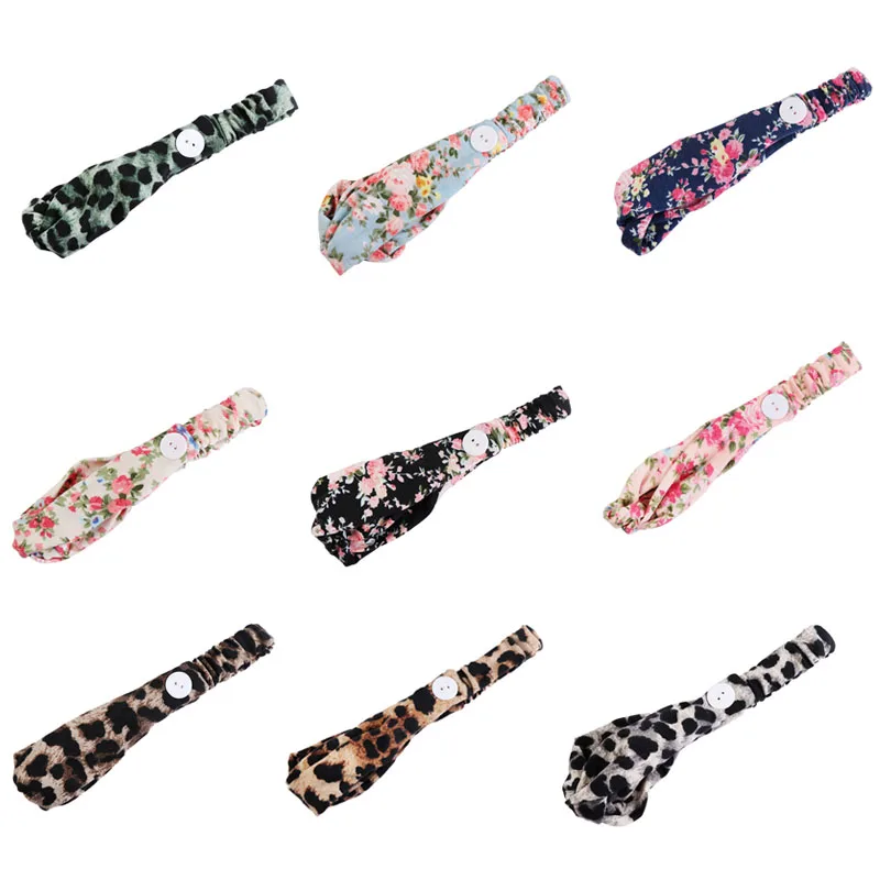 

Hot Sale Leopard Headband With Button Face Cover Holder Elastic Washable Leopard Floral Yoga Sport Female Head Wraps