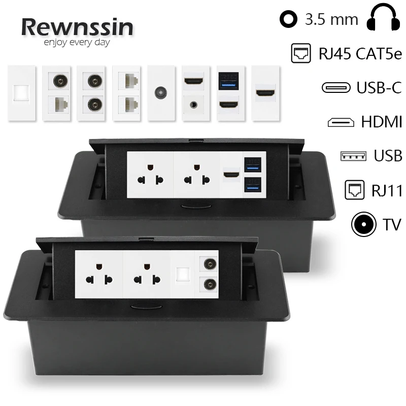 

Американская розетка с портами гарнитуры RJ45 HDMI USB, настольная Встроенная плата питания, черная Выдвижная настольная розетка из алюминиевог...
