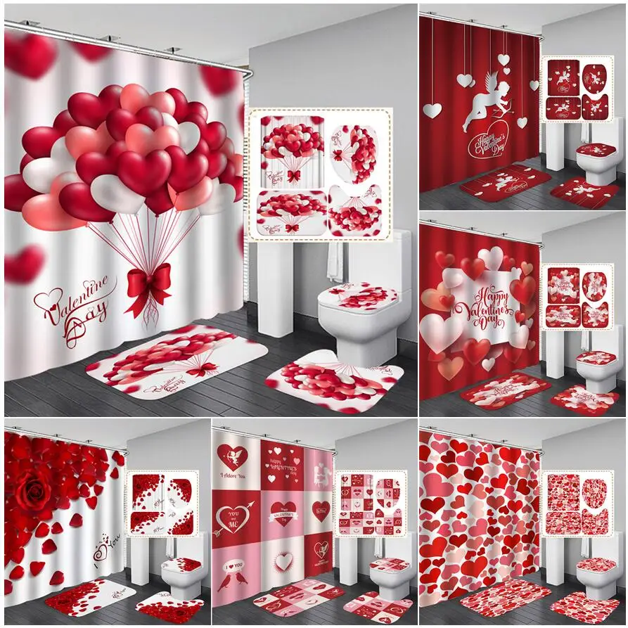 love heart valentines day shower curtains bathroom rugs sets red rose flowers home hotel decor toilet lid mat floor door carpet free global shipping