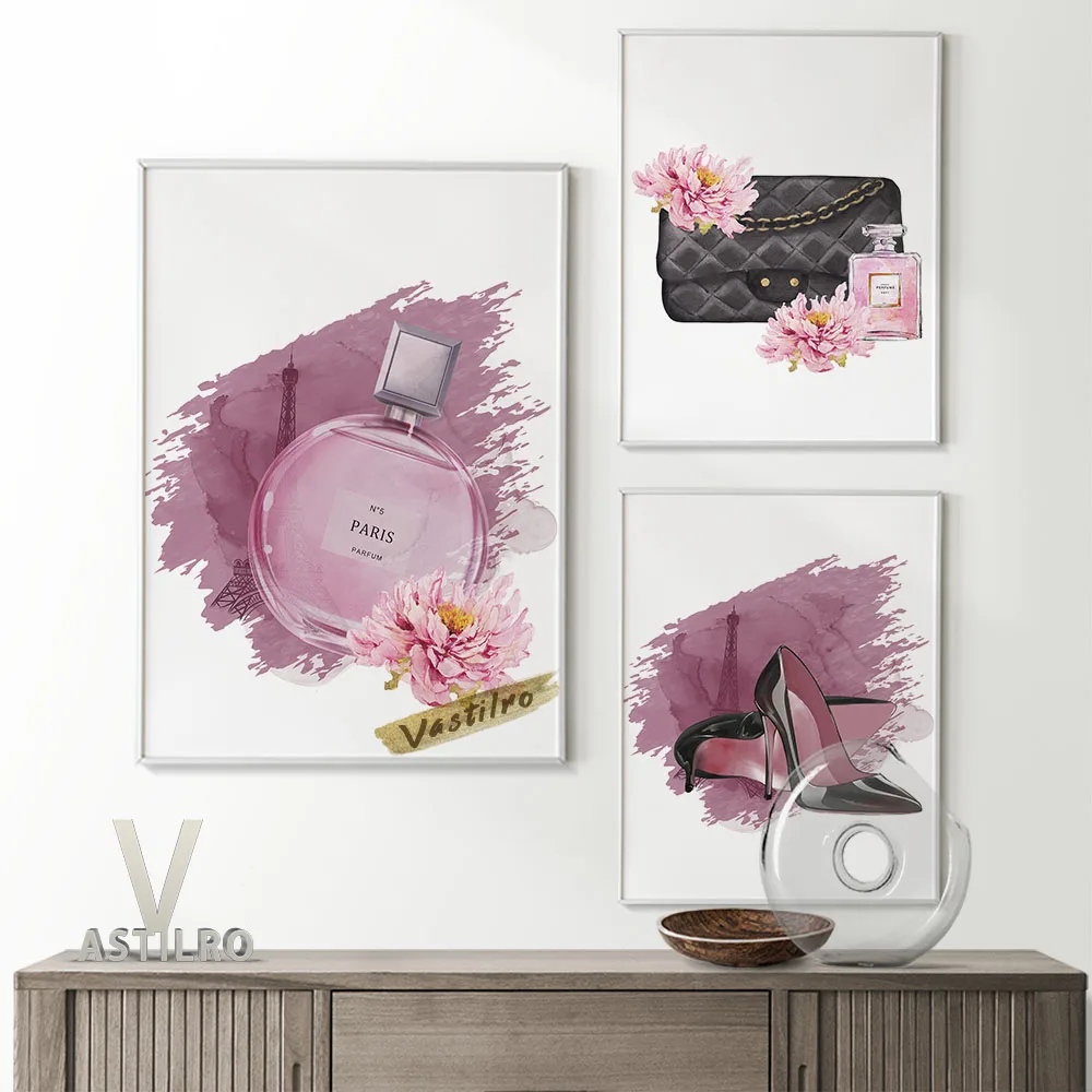 

Floral Print Element Fashion Magazine Illustration Design Art Prints Poster Perfume Handbag High Heels Shoes Modern Home Decor