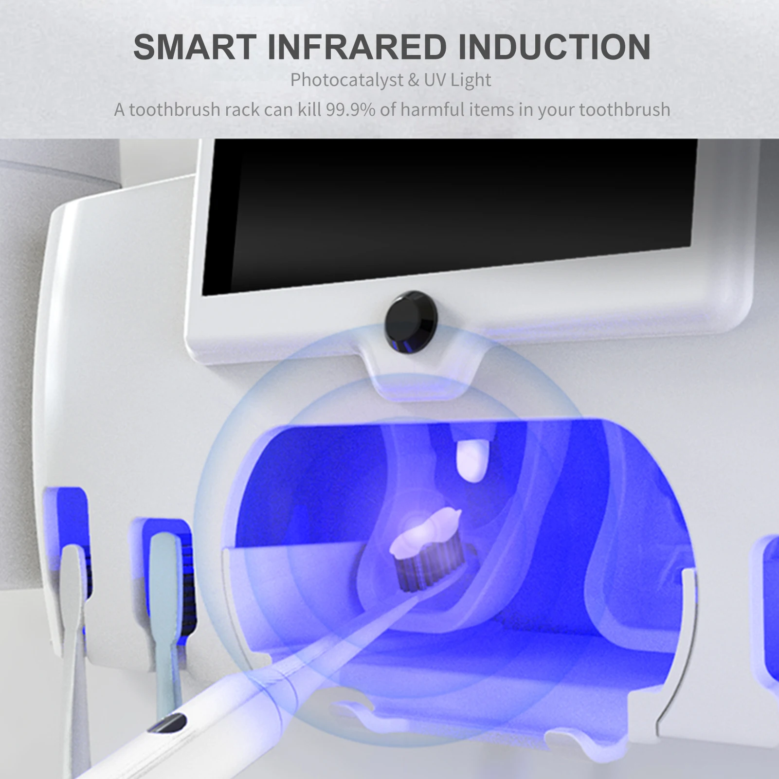 

UV Toothbrush Sanitizer Intelligent Toothbrush Sanitizer Wall Mounted Automatic Toothpaste Dispenser 2 Cups for Ladies Family