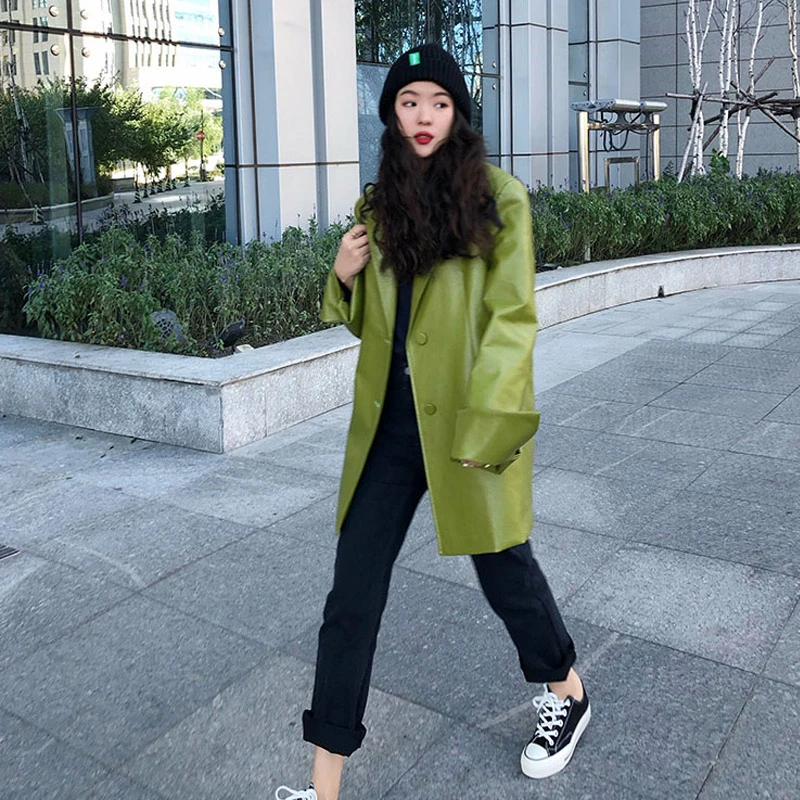Korea loose version of solid color pu leather jacket new lapel long-sleeved women's coat fashion trend spring 2021 leather jacke