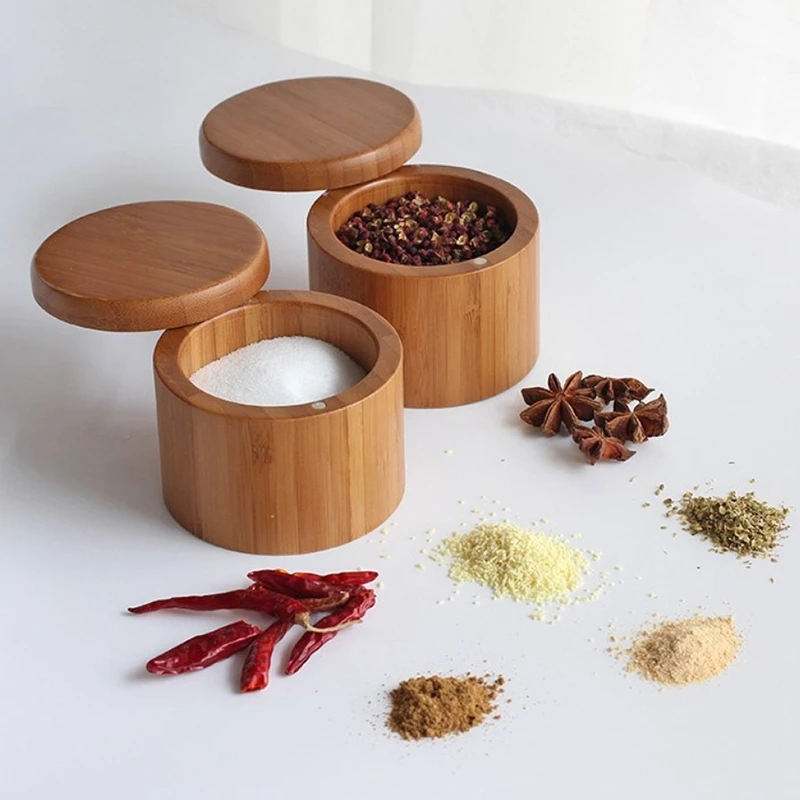 2Pcs Storage Boxes Salt Box Wooden Bamboo With Magnetic Swivel Lid Container For Kitchen Containers Food | Дом и сад