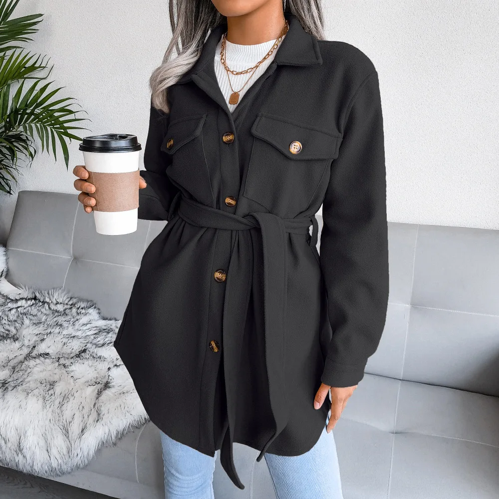 

Women Windbreaker Temperament Commuter Solid Color Loose Lapel Belt Autumn and Winter Single-breasted Thin Woolen Long Coat