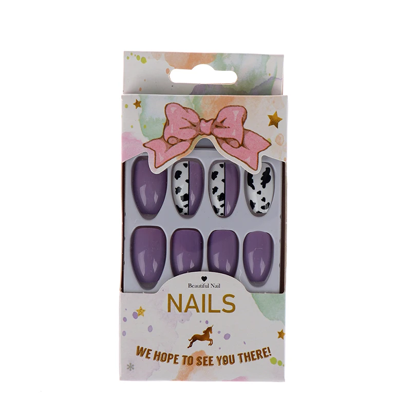 

24pcs Fashionable Purple Leopard Graffiti Pattern Wearable Fake Nails Press On Short Oval Head Lady Full Cover Finished Fingerna