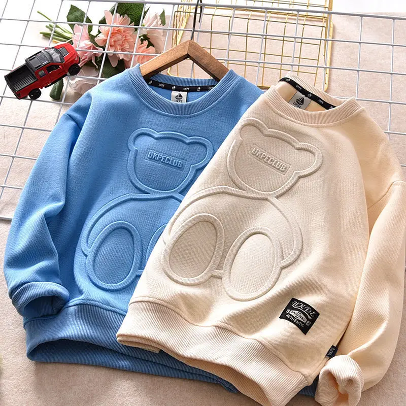 

2021 Boys Casual Hoodies New Embossed Fashionable Long Sleeve Cotton Children's Bottoming Shirt Fleece Lined T-shirt