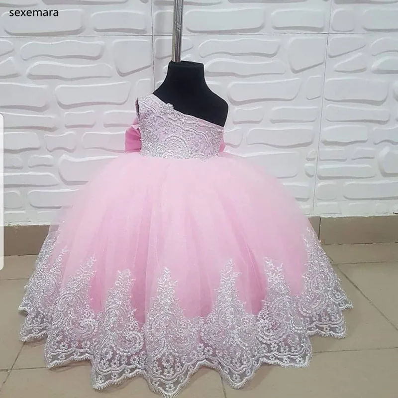 Pink Tulle Flower Girl Dresses One Shoulder Lace Pearls Little Girl Birthday Cloth Communion Pageant Dresses Gowns