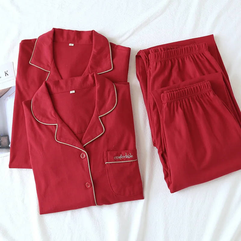 New spring and autumn couple knit pajamas, long-sleeved trousers, two-piece 100% cotton red men's and women's home service suit