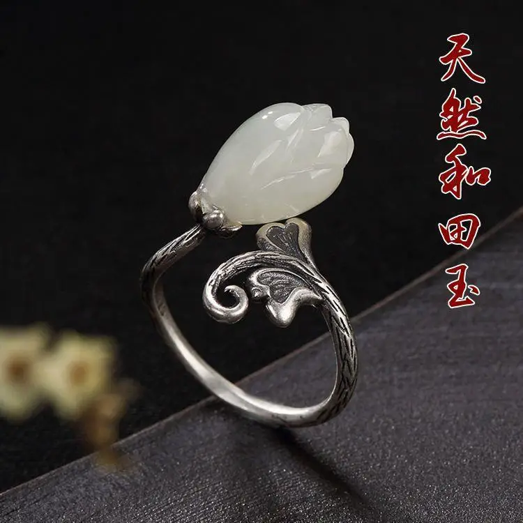 

New S925 Sterling Silver Natural Hetian Jade White Jade Magnolia Vintage Upscale Creative Opening Frosted Female Ring Fashion