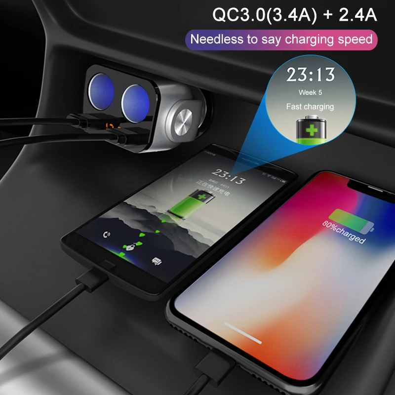 Автомобильное зарядное устройство QC3.0 + 2.4A двойной USB-порт разветвитель
