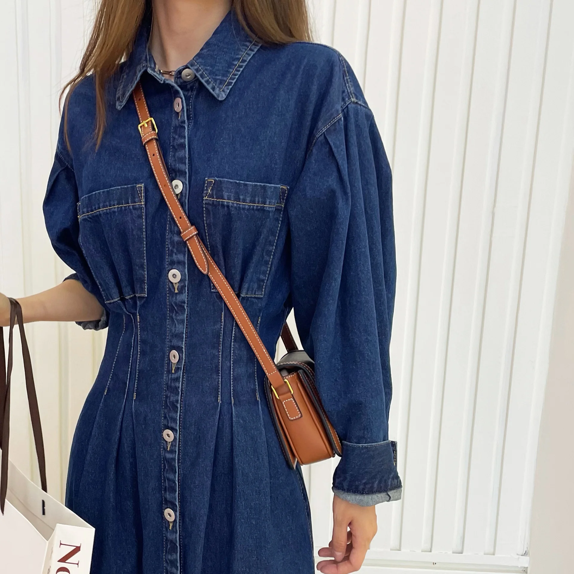 

21 autumn waist closing thin denim dress women's Korean temperament long A-line skirt