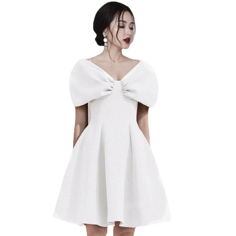 

DEAT Women White Patchwork Bow A-line High Waist Sling Dress New V-Neck Short Sleeve Slim Fit Fashion Tide Summer 2021 7E0391