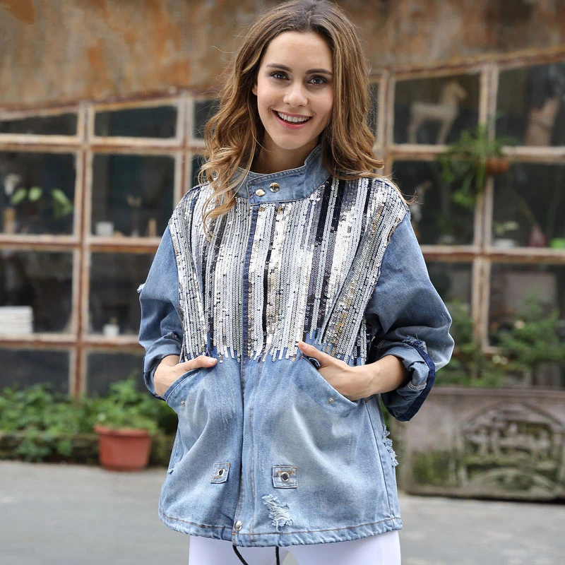 

Женская куртка, джинсовая куртка, модные пальто с блестками, с длинным рукавом, синяя, винтажная, бохо, хиппи, шикарная куртка, Потертая джинс...
