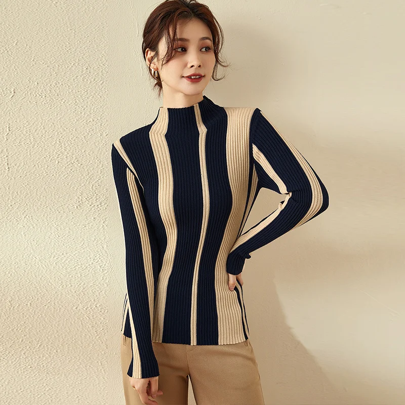 Женский трикотажный топ облегающий пуловер в полоску с длинным рукавом и высоким